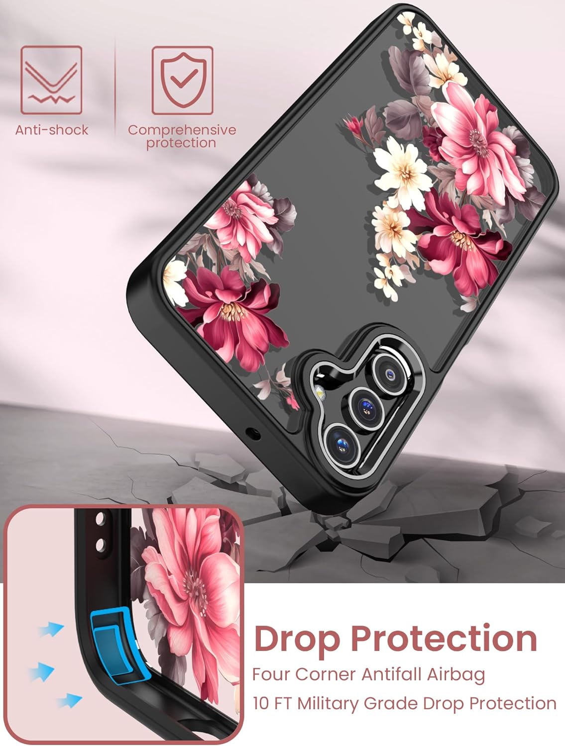 for Samsung Galaxy A25 5G Case Tempered Glass Screen Protector,Military Grade Protective Slim Soft TPU & Hard PC,Girls Women Crystal Clear Flower Pattern Case Cover for A25 5G-Black